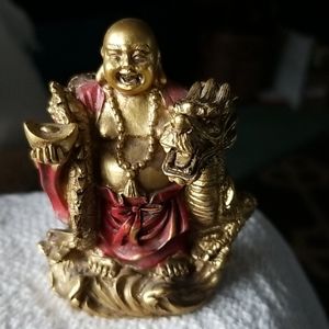 3" gold , maroon resin Buddha with dragon